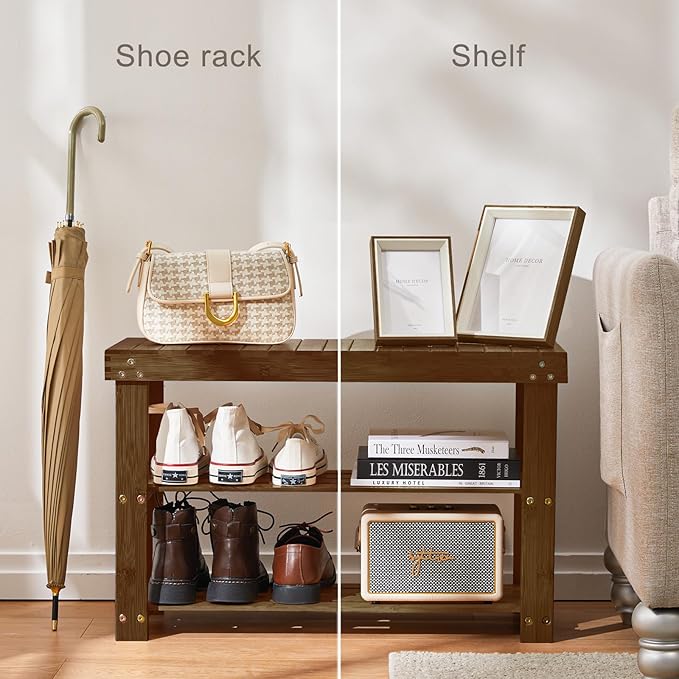 Pipishell Bamboo Shoe Rack Bench, 3 Tier Sturdy Shoe Bench, Storage Shoe Organizer, Holds up to 300lbs for Entryway Bedroom L