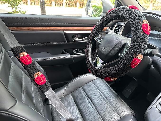 Crochet Ladybug Steering Wheel Cover Universal 14-15 inch (D,Wheel Cover+2 Belt Cover)