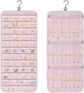 Dynoro Double-Sided Hanging Jewelry Organizer, Large Pink Storage Roll for Earrings, Necklaces, Rings, 48 Pockets 21 Hooks, D