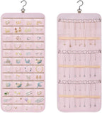Dynoro Double-Sided Hanging Jewelry Organizer, Large Pink Storage Roll for Earrings, Necklaces, Rings, 48 Pockets 21 Hooks, D