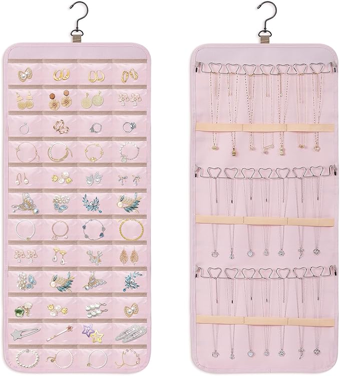 Dynoro Double-Sided Hanging Jewelry Organizer, Large Pink Storage Roll for Earrings, Necklaces, Rings, 48 Pockets 21 Hooks, D