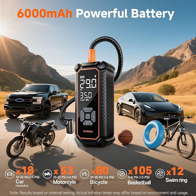 OlarHike Tire Inflator Portable Air Compressor, 150PSI Dual Power - 6000mAh & 12V DC, Cordless Air Pump for Car Tires, Bike, Motorcycle, Balls with LED & Digital Pressure Gauge, Auto Shut‑Off
