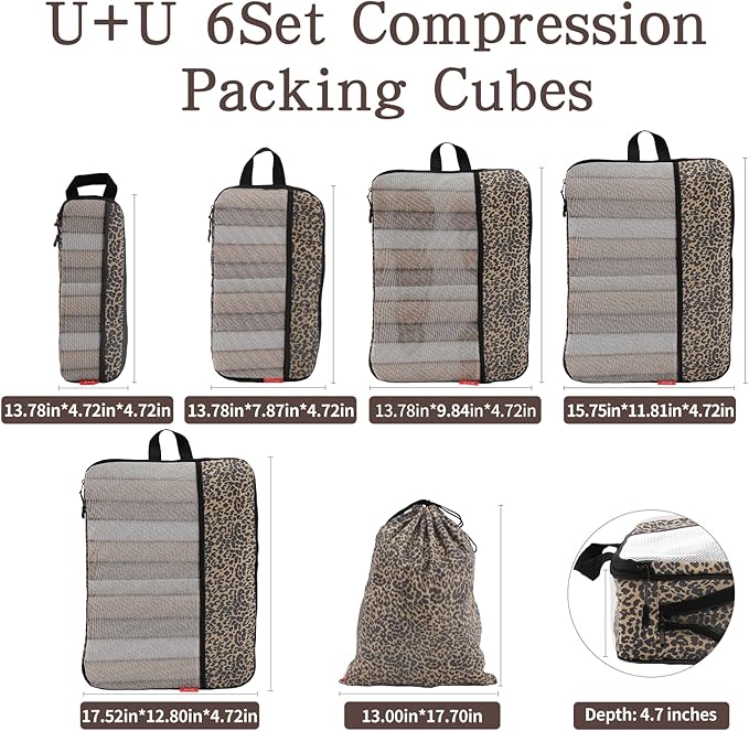 U+U 6 Set Compression Packing Cubes - Ultralight Travel Organizers with Laundry Bag, Space-Saving Suitcase Organizer, Expanda