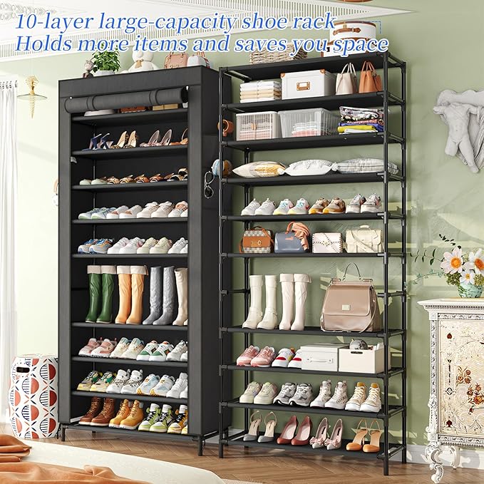Simple Trending Tall Shoe Rack Organizer Holds 40 Pairs, 10 Tier Large Capacity Shoe Cabinet Storage with Cover for Closet, B