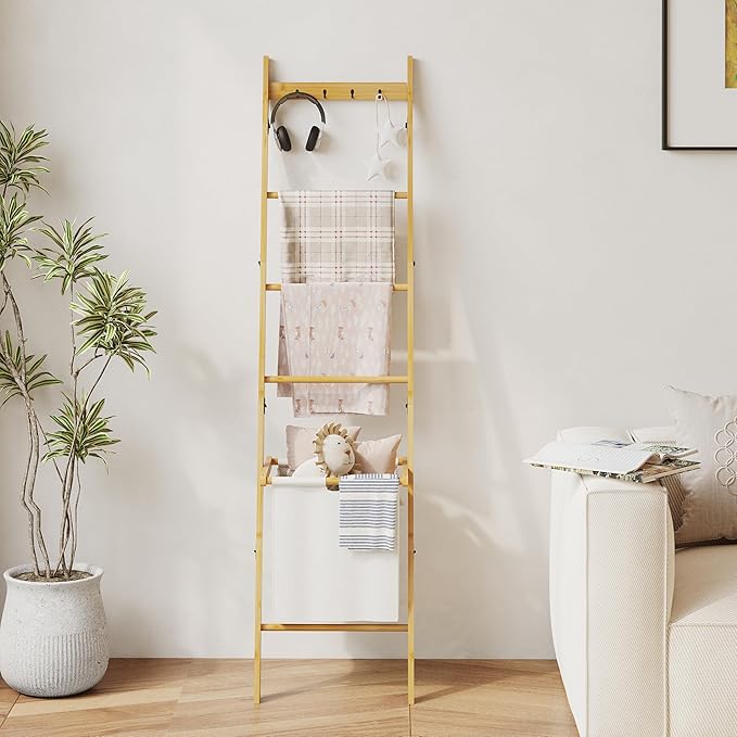 BAMBANG Bamboo Blanket Ladder with Basket, 5-Tier Quilt Rack Stand with 4 Hooks & Storage Hamper for Living Room Bathroom, Wa