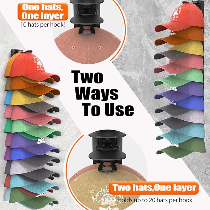 Hat Organizer for Baseball Caps Hold Up to 40 Hats, 2 Pack Hat Rack for Wall, Strong Adhesive Hat Storage Display Holder for 