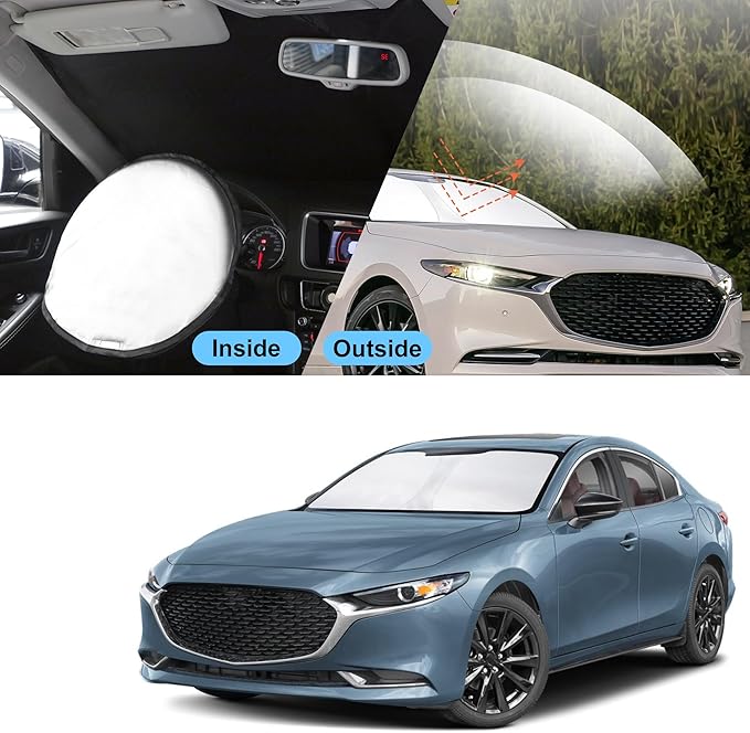 TINGLU Sun Shade for Mazda 3 Mazda3 2019-2024 2025 2026 Accessories Windshield Sun Shade Window Shade UV Rays Protection Sun Visor Cover with Steering Wheel Sunshade Storage Bag