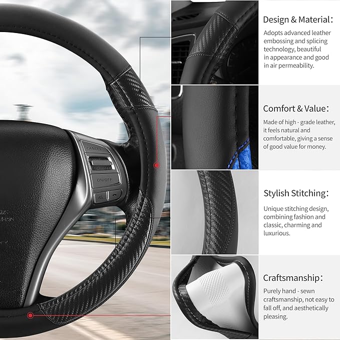 Non-Slip Car Nappa Leather Steering Wheel Cover,Universal Car Accessories Women Men Fit 14" 1/2-15" Suvs/Vans/Sedans/Cars/Tru