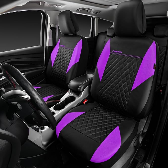 CAR PASS Purple Leather Seat Covers, Quilting Pretty Car Seat Cover with 5mm Composite Sponge Inside,Airbag Compatible,Univer