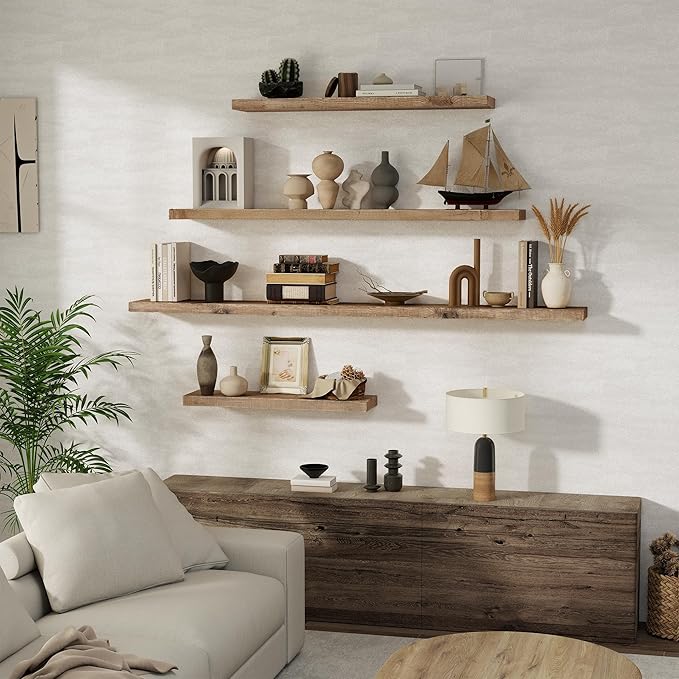 Floating Shelves Reclaimed Barnwood, 8" Deep Solid Wood Floating Shelf Wall Hanging Shelves with Invisible Heavy-Duty Metal B