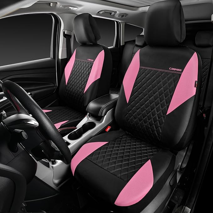 CAR PASS Pink Leather Seat Covers,Girly Quilting Pretty Cute Car Seat Cover with 5mm Composite Sponge Inside,Airbag Compatibl