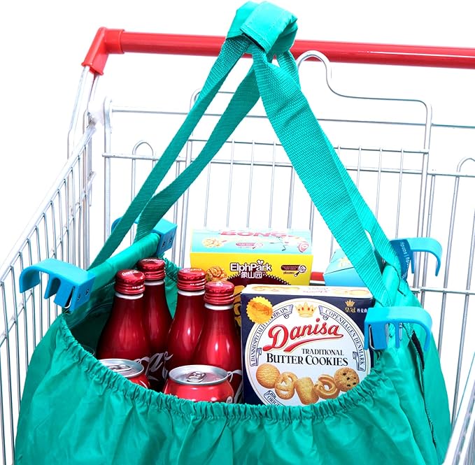 Handy Sandy Cart Caddy – 3-Pack Reusable Shopping Bags with Cart Clips | Heavy-Duty Grocery Organizer Tote Set | Eco-Friendly, Foldable, 40 lb Capacity | Green
