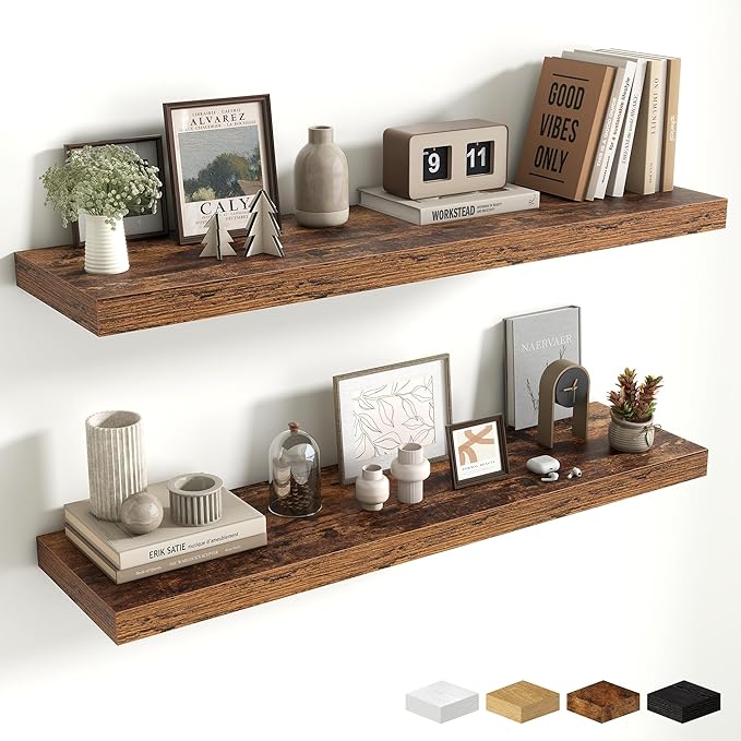 Fun Memories Floating Shelves Set of 2, 40 Inch Long Wooden Wall Shelves, 10 Inch Deep Wall Mounted Storage Shelf with Metal 