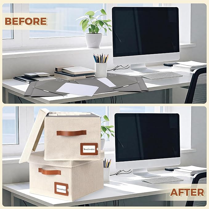 Storage Standard 2-Pack File Organizer Box with Lid - Collapsible Hanging Linen Document Organizer Portable File Boxes, Light