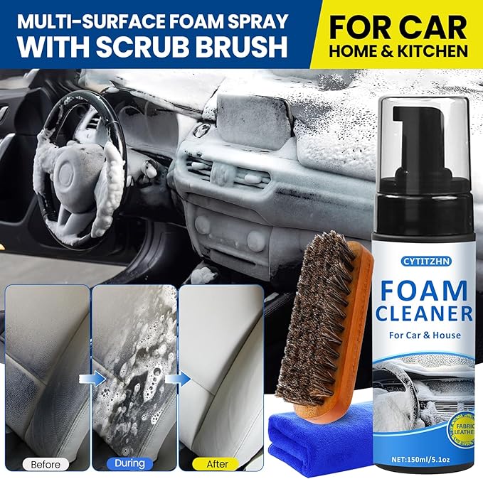 Car Interior Cleaner Kit – All-Purpose Foam Cleaner for Leather, Fabric, Vinyl, Plastic, Carpet & Upholstery | Deep Stain Rem
