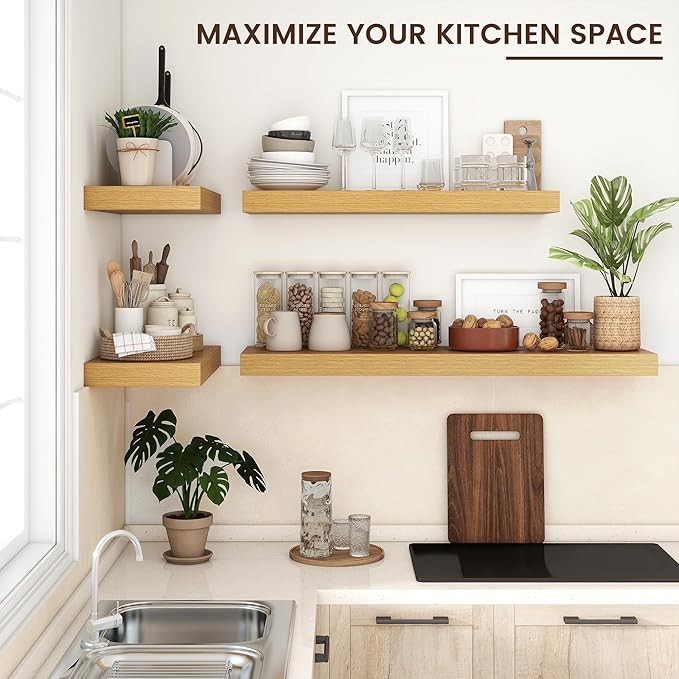 Floating Shelves for Wall, 36" W x 12" D x 2" H, 2 Pack of Long Wall Mounted Engineered Wood Shelves with Invisible Brackets 