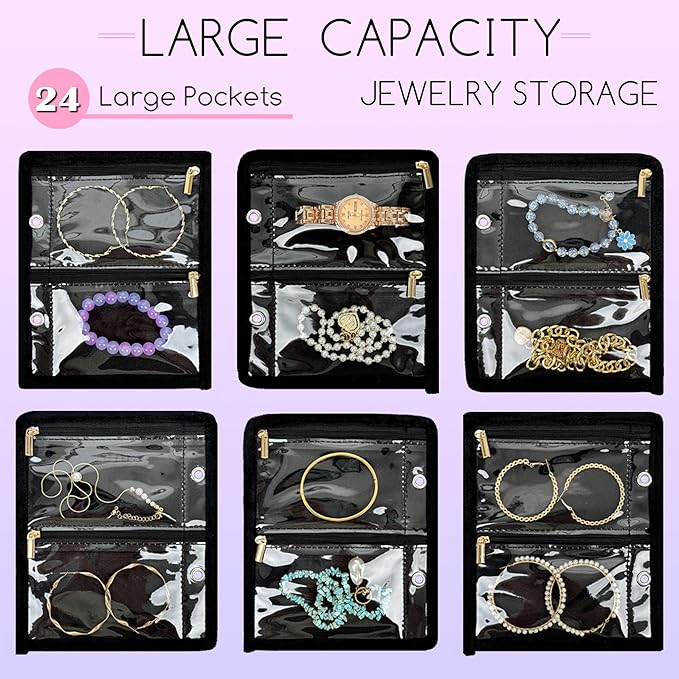 Travel Jewelry Organizer Case,Jewelry Bags for Traveling, Jewelry Binder with 24 Pcs Clear Zipper Velvet Pouches for Storing 