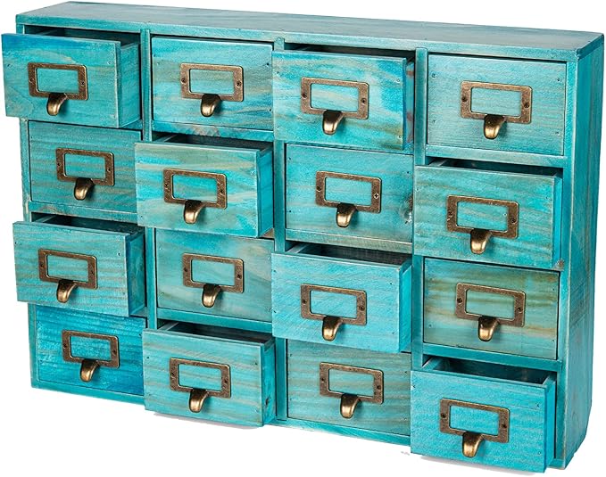 Teal 16-Slot Wooden Drawer Unit - Country Style Desk Organizer Box - 20"x3.6”x14” Wooden Storage Box w/ 16 Drawers - Countert