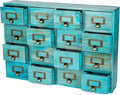 Teal 16-Slot Wooden Drawer Unit - Country Style Desk Organizer Box - 20"x3.6”x14” Wooden Storage Box w/ 16 Drawers - Countert