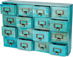 Teal 16-Slot Wooden Drawer Unit - Country Style Desk Organizer Box - 20"x3.6”x14” Wooden Storage Box w/ 16 Drawers - Countert