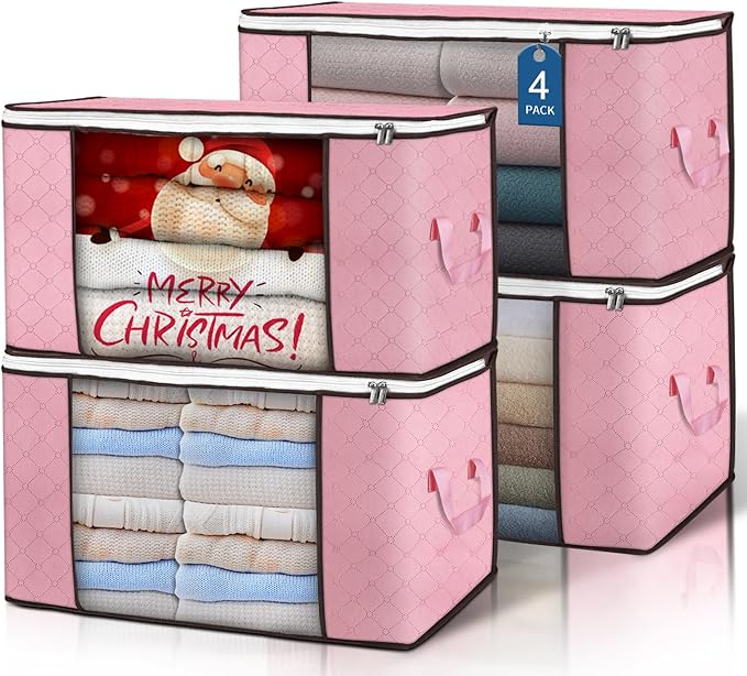 Budding Joy 90L Large Storage Bags, 4 Pack Clothes Storage Bins Foldable Closet Organizer Storage Containers Storage and Orga
