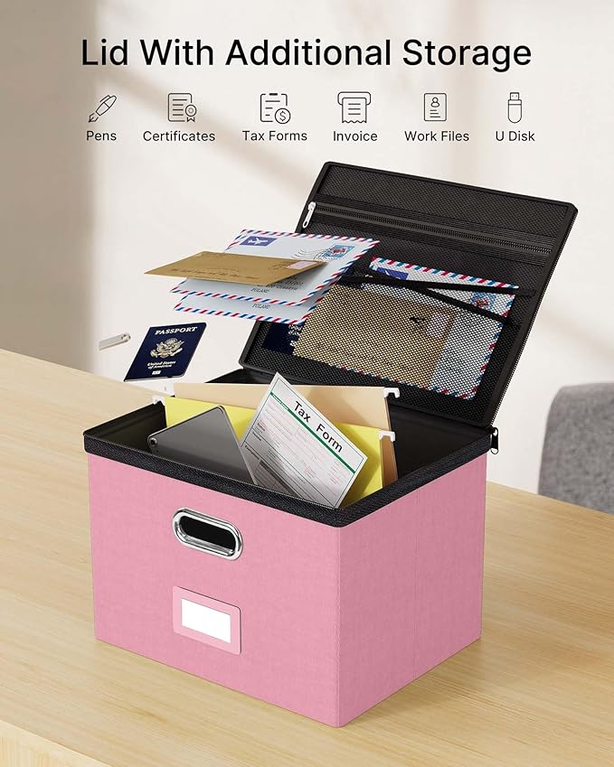Oterri 2 Pack Large File Organizer Boxes with Lids, File Box with Mesh Pockets, Document Organizer Box for Legal/Letter Size 