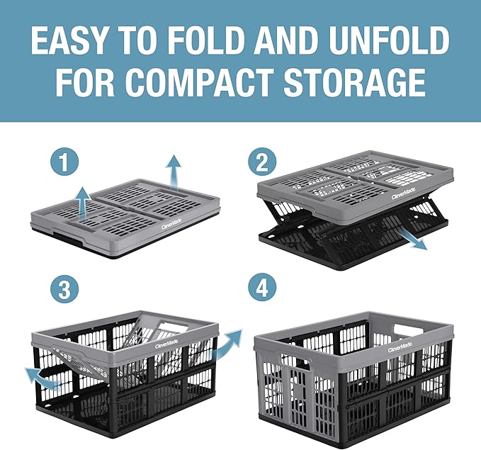 CleverMade Collapsible Utility Crates 45L (3 Pack) – Foldable Plastic Crates with Heavy Duty 66 lb Capacity, Collapsible Crat