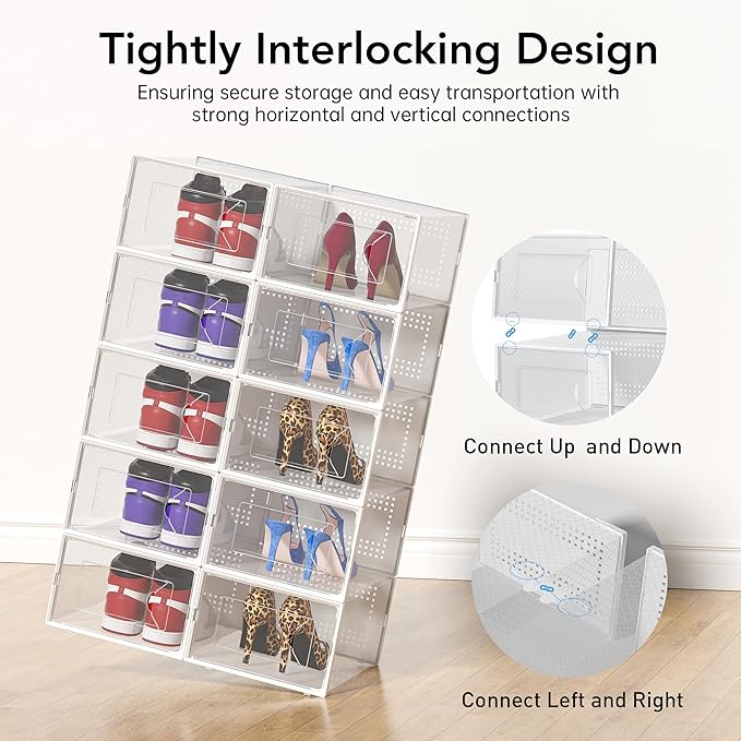 Foluck X-Large Shoe Storage Box, 15 Pack Clear Plastic Stackable Shoe Organizer for Closet, Interlocking Design Shoe Containe