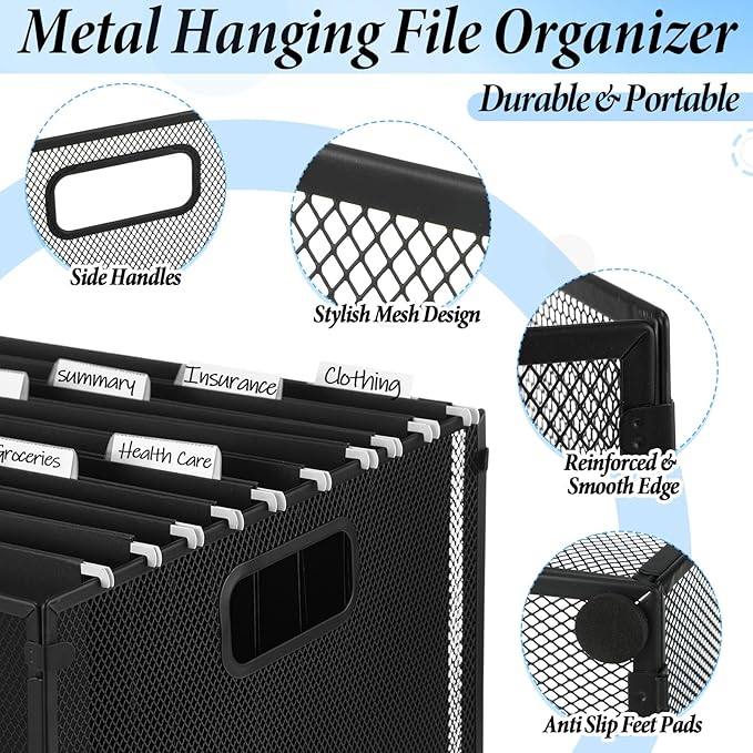 2 Pack Hanging File Holder, 10 Hanging Folders, Metal Mesh, Letter Size Folder Storage, Desktop Storage Cabinets, Office Scho