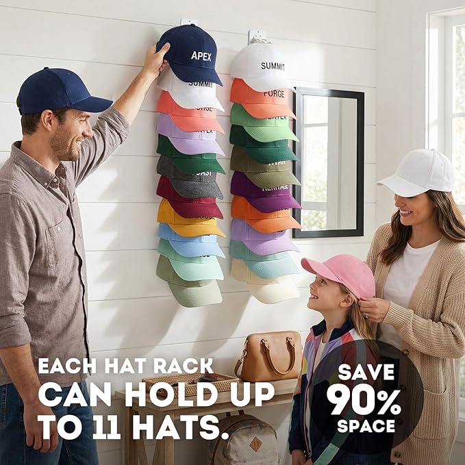 2 Pack Hat Organizer for Baseball Caps,Detachable DIY Hat Rack for Wall Hold Up to 22 Hats,Baseball Cap Organizer Cap Holder 
