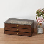 CLUQMEIK 3-layer Wooden Drawer Jewelry Organizers and Storage Box with Grey Acrylic Lid and Velvet Lining, Jewelry Box for Wo