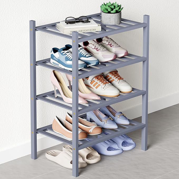 Smiry Bamboo Shoe Rack for Closet, 4 Tier Small Wooden Stackable Shoe Organizer, Free Standing Shoes Storage Shelf for Entryw