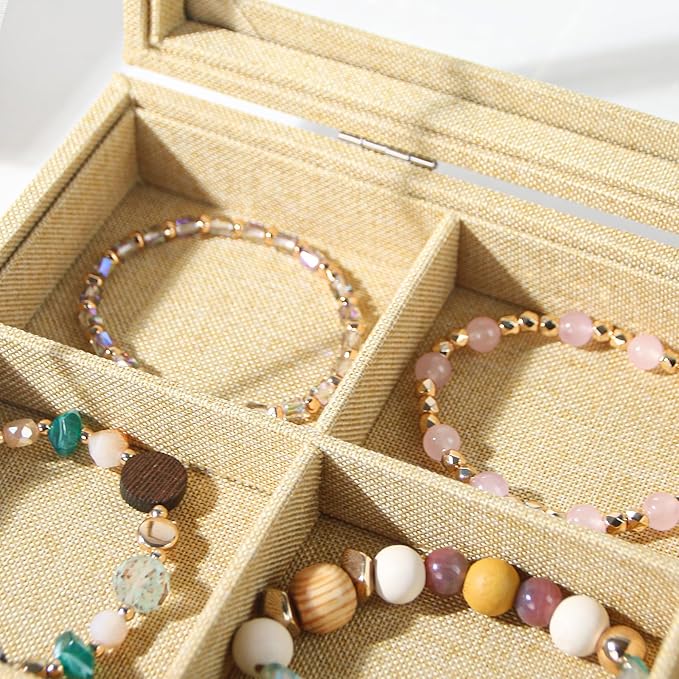 Coward Jewelry Organizer Box, Yellow Linen 12 Grids Bracelet Bangle Necklace Jewelry Display Tray Case with Transparent Glass
