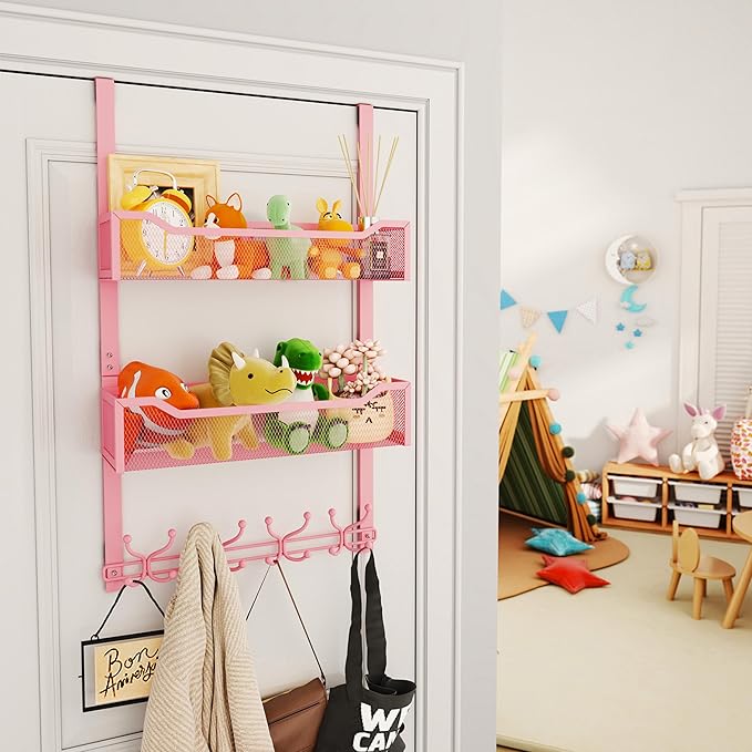 SWTYMIKI Over The Door Hooks Organizer - Multi-Functional Door Hanger with 16 Hooks & 2 Mesh Baskets, Long Coat Rack for Bath