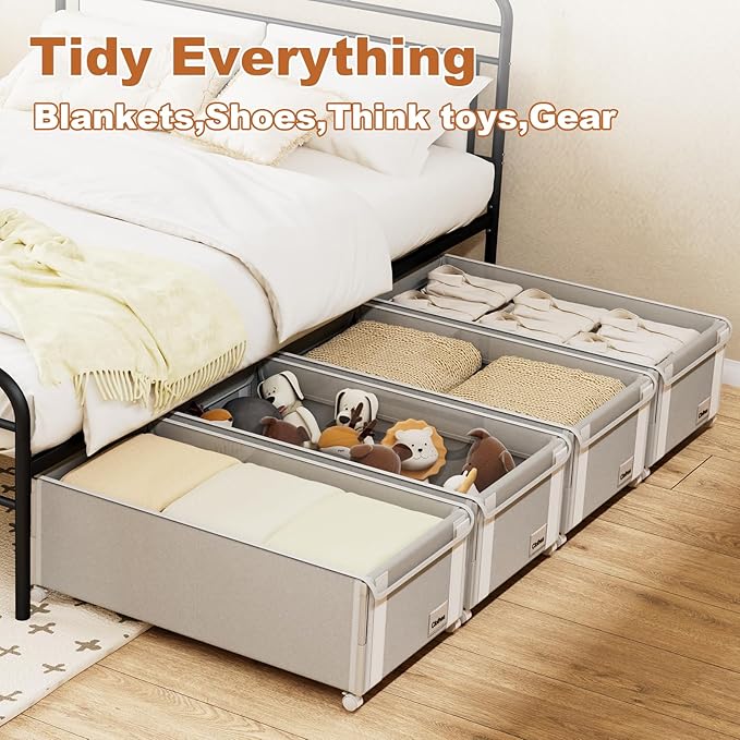 2Pack Under Bed Storage with Wheels,9.5"-12"Tall Adjustable Height Underbed Storage,Deep Under Bed Storage Containers,Rolling