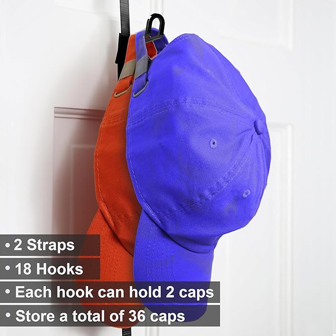 Perfect Curve CapRack | Over-The-Door Hat Organizer for Baseball Caps | 2 Straps, Holds 18-36 Adjustable Caps | Black