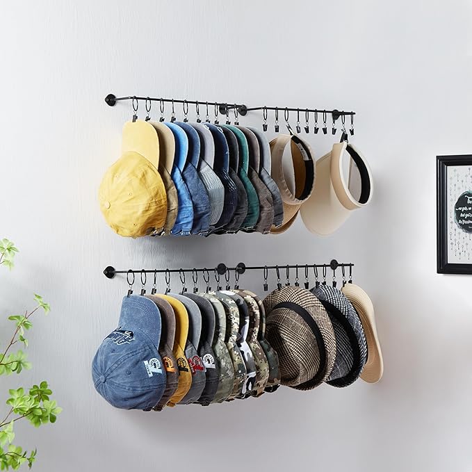 Hat Rack Wall Cap Organizer - Baseball Hat Racks Display Holder with 40 Hooks - Modern Metal Black Hats Storage Wall Mounted 
