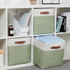 HNZIGE Foldable Storage Cubes & Baskets (3 Pack) - 13 Inch Storage Bin with Leather Handles for Toys, Clothes, Kids (White & 