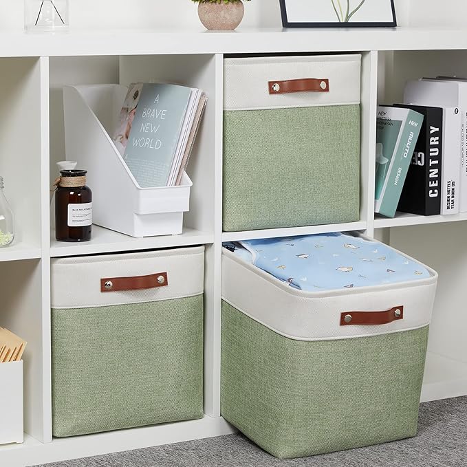 HNZIGE Foldable Storage Cubes & Baskets (3 Pack) - 13 Inch Storage Bin with Leather Handles for Toys, Clothes, Kids (White & 