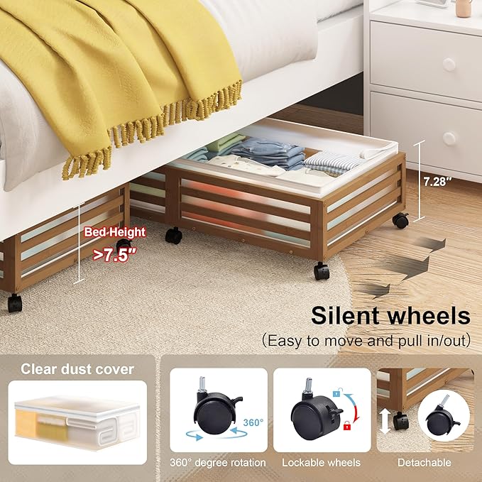 Under Bed Storage Containers With Wheels - 2 Pcs Large Bamboo Wood Rolling Underbed Shoe Storage Bins With Dust Bags for Clot