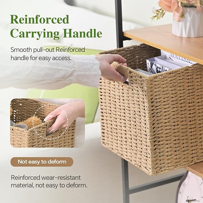 Woven Wicker Storage Baskets 2-Pack, 11x11 Handwoven Paper Rope Organizer Bins, Foldable Cube Storage Cubes with Built-in Han