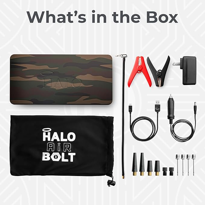 HALO Bolt Air 58830 Portable Car Battery Jump Starter | 100 PSI Air Compressor, 58.8Wh USB Power Bank, Emergency Floodlight