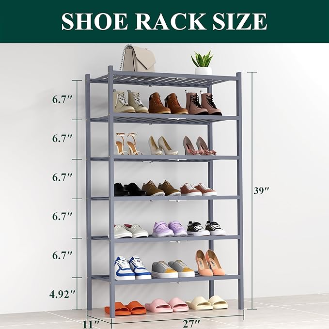 Smiry Shoe Rack, 6 Tier Thick Bamboo Shoe Organizer, Stackable Free Standing Wooden Shoe Storage Shelf for Closet, Entryway, 
