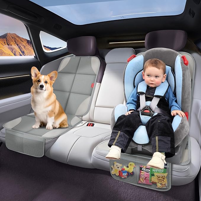 Car Seat Protector, Waterproof 600D Fabric Seat Cushion for Child Car Seat with Thickest Pad, Storage Pockets, Back Car Seat 