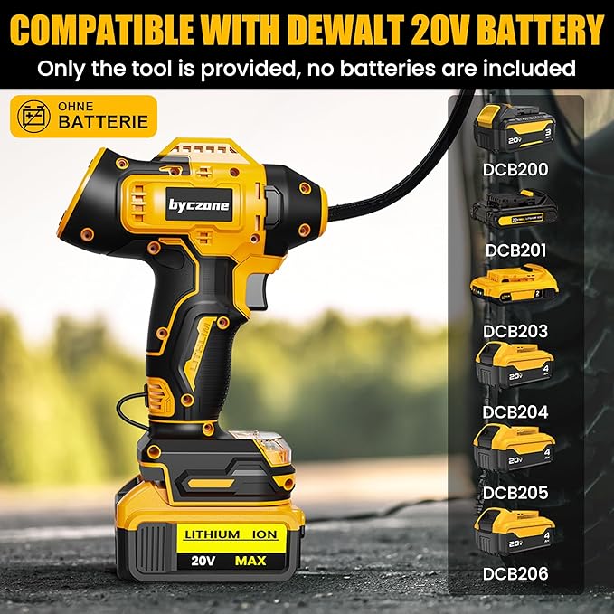 Tire Inflator Compatible with Dewalt 20V Max Battery, 160 PSI Cordless Air Compressor With 12V DC Car Adapter,LCD Digital Pressure Gauge for Car, Bike, Sport Ball (No Battery)