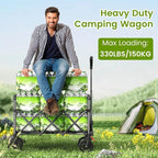 Collapsible Wagon Cart with Wider Wheels, 330lbs Heavy Duty Foldable Beach Wagon with Auto-Rebound Handle, 180L Utility Grocery Shopping Cart for Garden, Shopping, Camping, Sports, Gray
