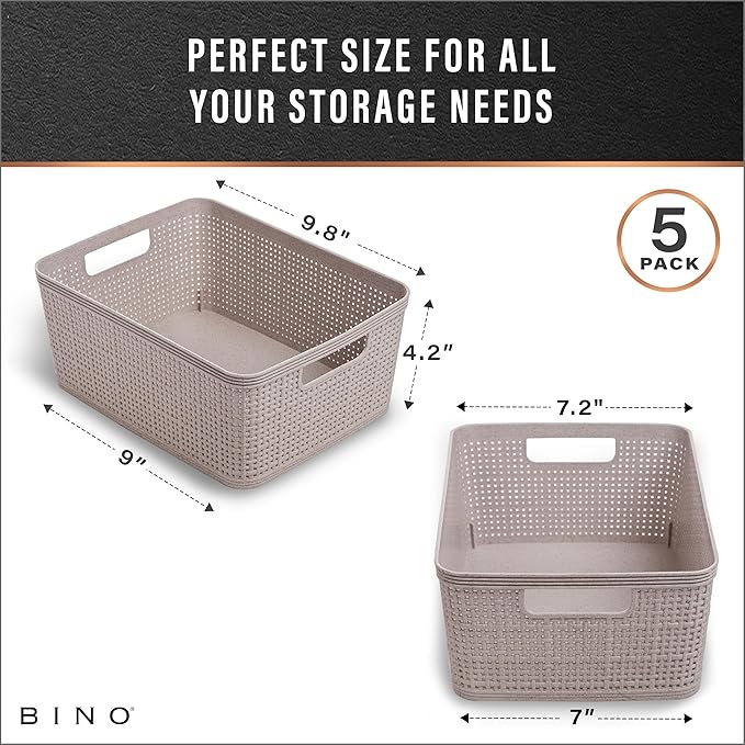 BINO | Woven Plastic Basket | Small (Natural Grey), 5-Pack | THE JUTE COLLECTION | Home Organization, Space - Saving Storage,