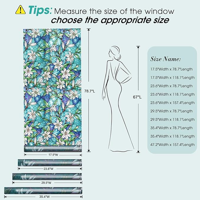 Coavas Decorative Window Privacy Film, Heat Control Sun Blocking Stained Glass Window Film, Floral Design Static Cling, Non Adhesive Windows Tint for Bathroom Front Door(Vinyl, 17.5" x 118.1 ")