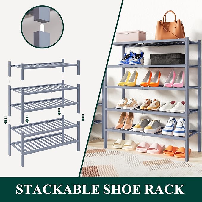 Smiry Shoe Rack, 6 Tier Thick Small Bamboo Shoe Organizer, Stackable Free Standing Wooden Shoe Storage Shelf for Closet, Entr