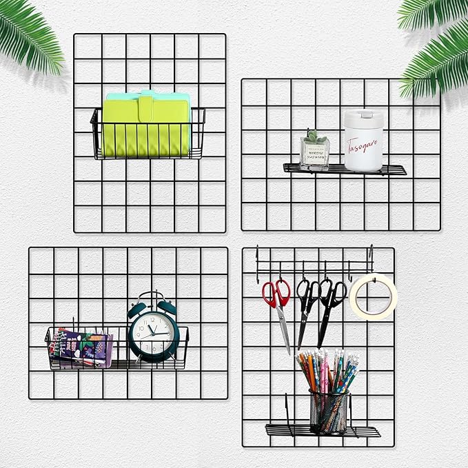 Fumete 9 Pcs Wall Grid Hanging Basket Shelf Hooks Set Includes 3 Basket 3 Wire Straight Shelf and 3 Hooks for Storage Display